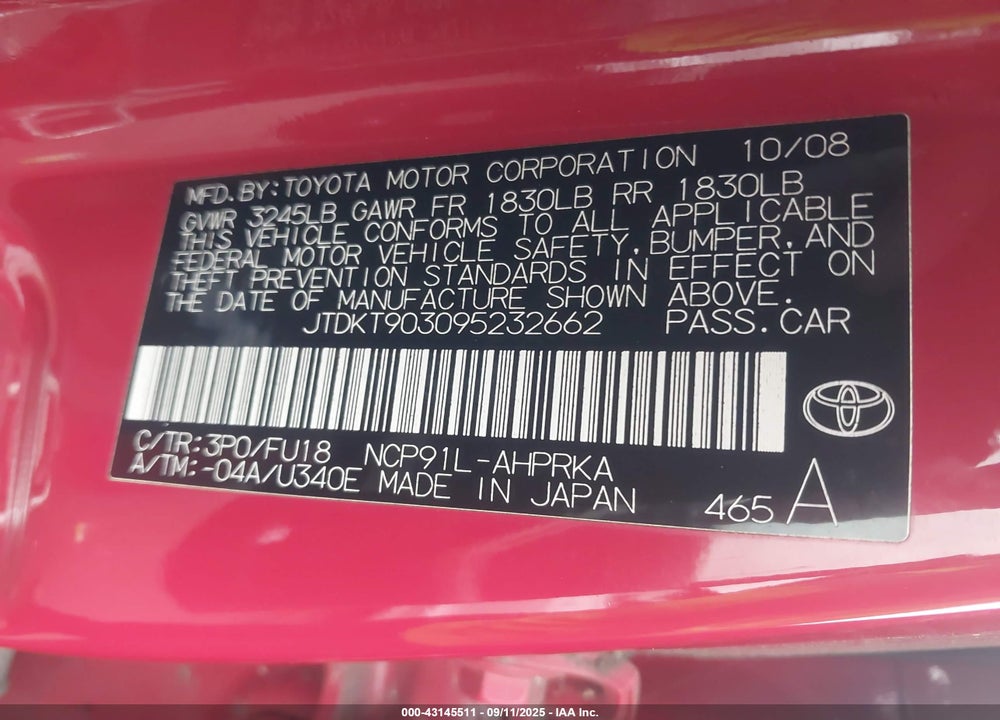 2009 TOYOTA YARIS VIN: JTDKT903095232662