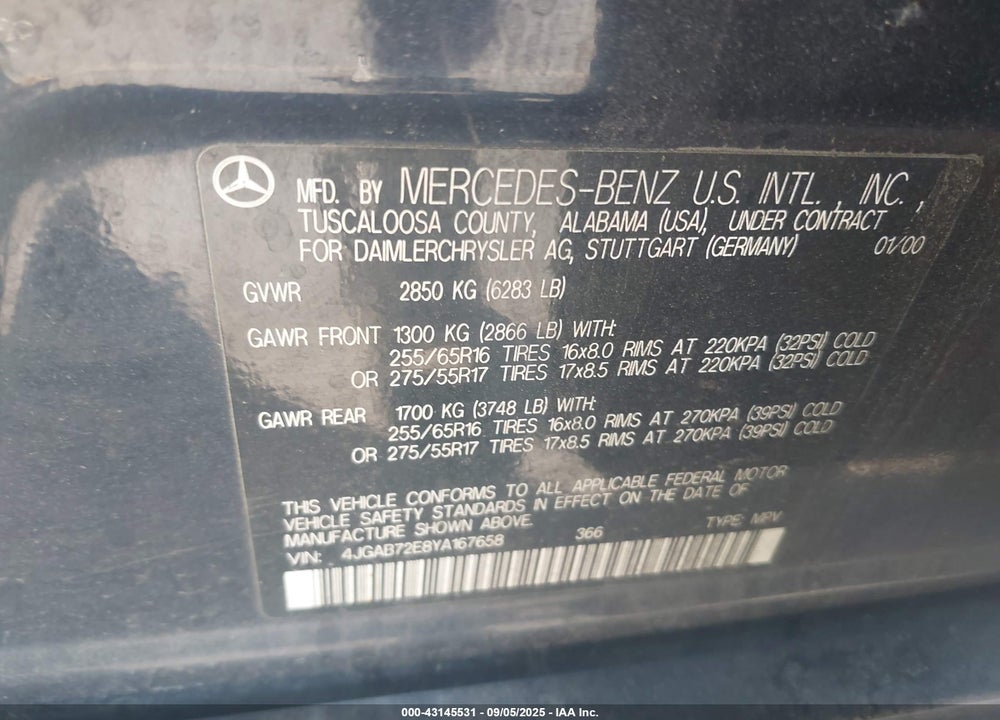 2000 MERCEDES-BENZ ML 430 VIN: 4JGAB72E8YA167658