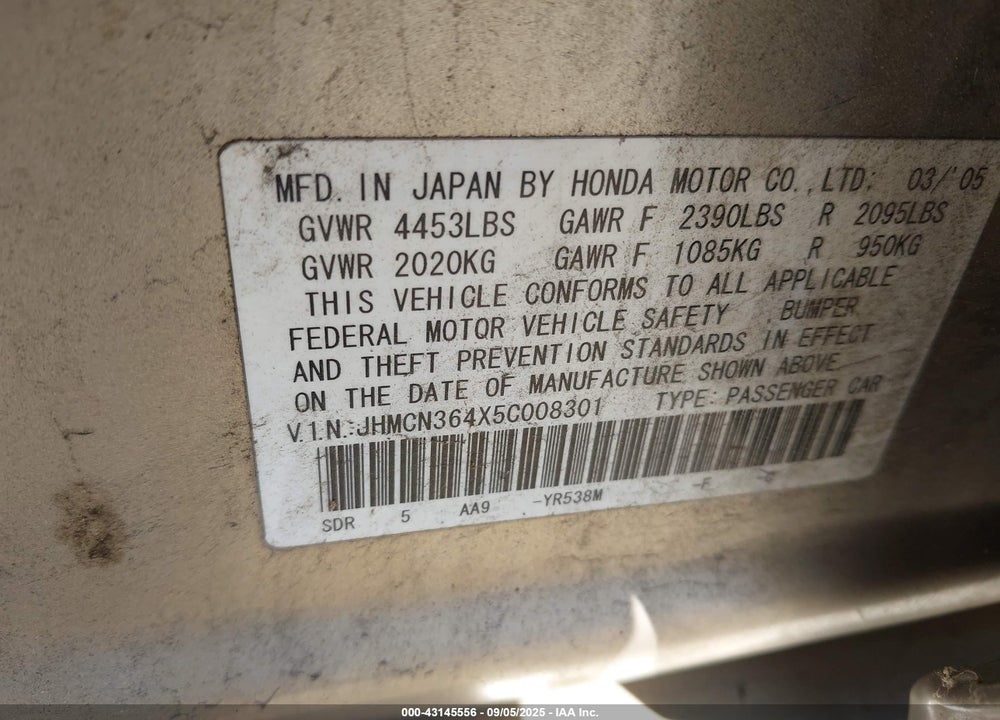 2005 HONDA ACCORD HYBRID IMA VIN: JHMCN364X5C008301