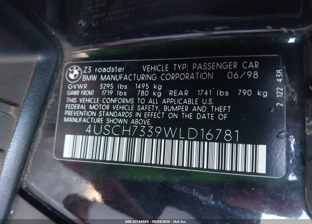 1998 BMW Z3 1.9 VIN: 4USCH7339WLD16781