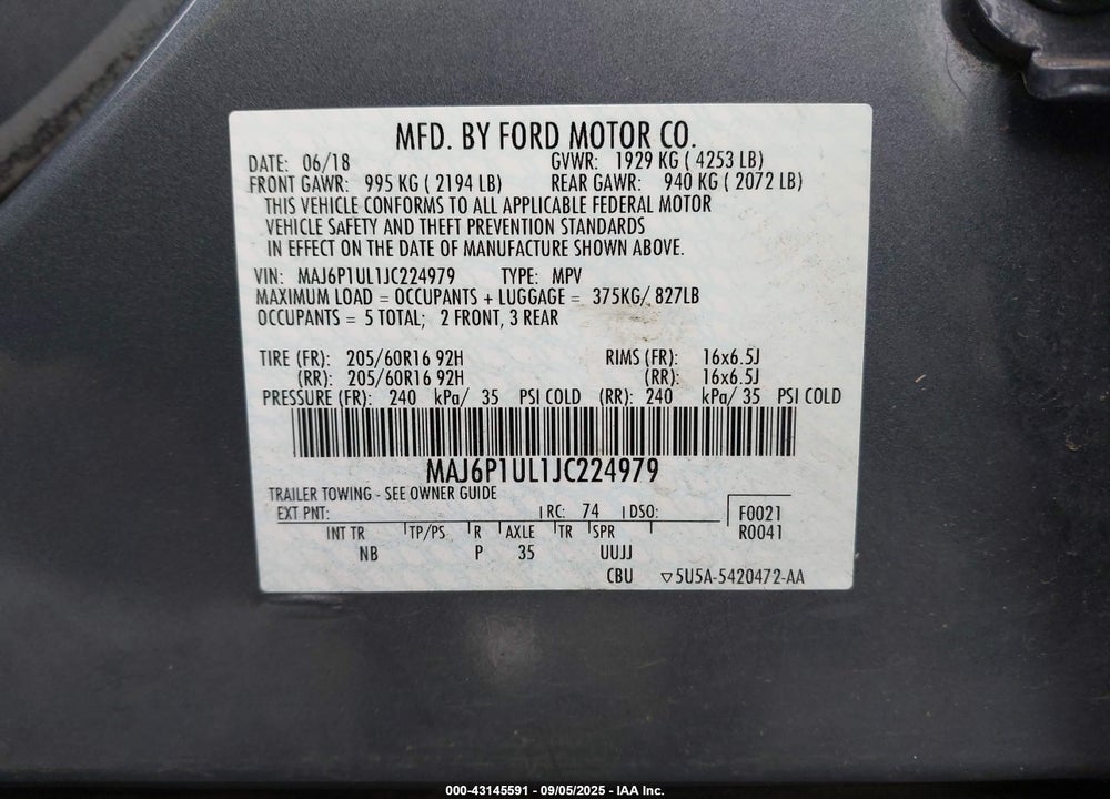 2018 FORD ECOSPORT VIN: MAJ6P1UL1JC224979