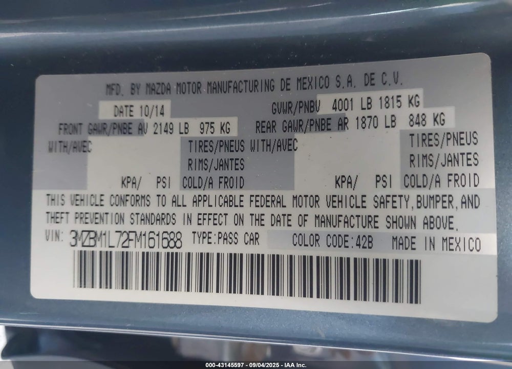 2015 MAZDA 3 VIN: 3MZBM1L72FM161688