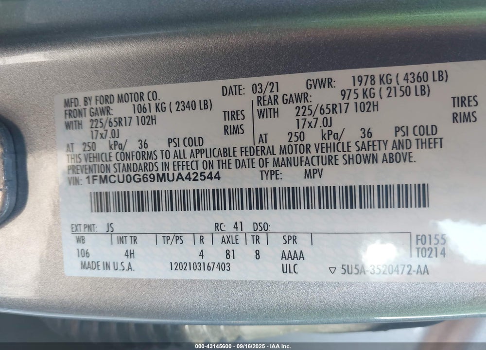 2021 FORD ESCAPE VIN: 1FMCU0G69MUA42544