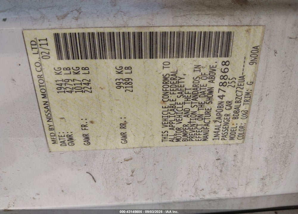 2011 NISSAN ALTIMA VIN: 1N4AL2AP0BN478868
