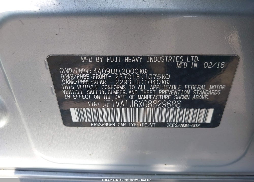 2016 SUBARU WRX VIN: JF1VA1J6XG8829686