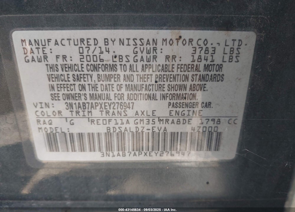 2014 NISSAN SENTRA VIN: 3N1AB7APXEY276947