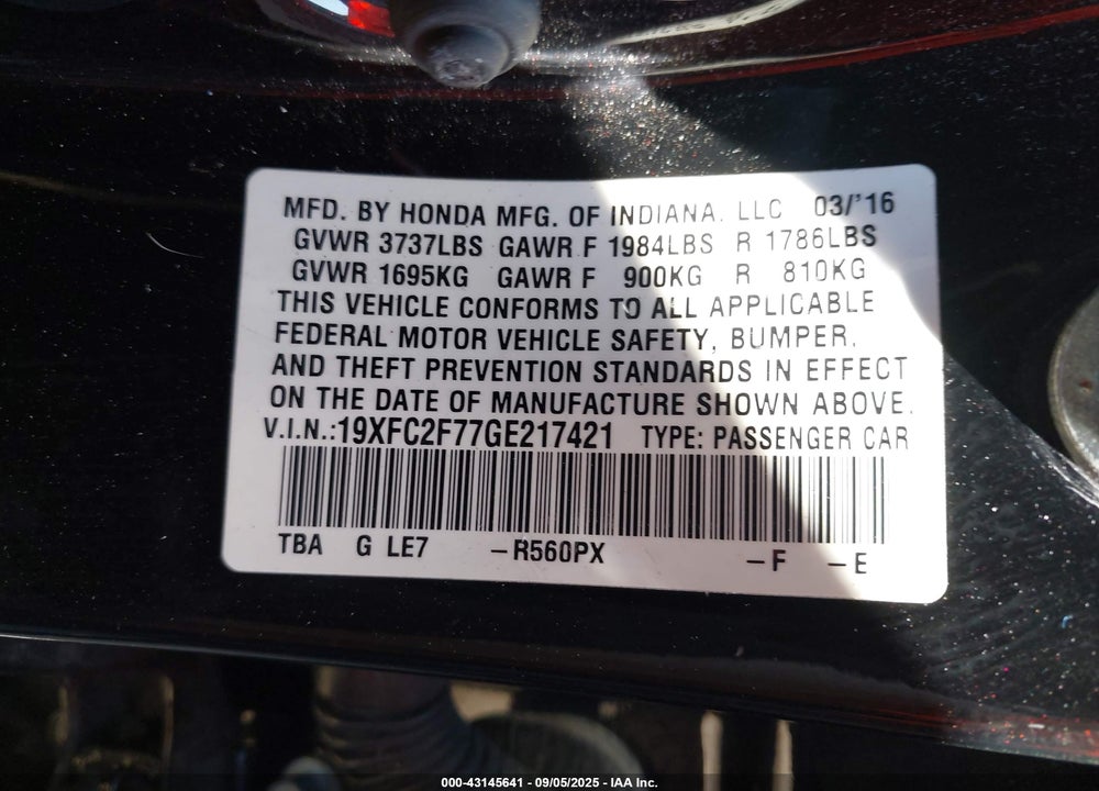 2016 HONDA CIVIC VIN: 19XFC2F77GE217421