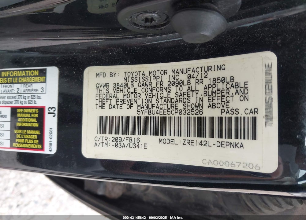 2012 TOYOTA COROLLA VIN: 5YFBU4EE5CP032526