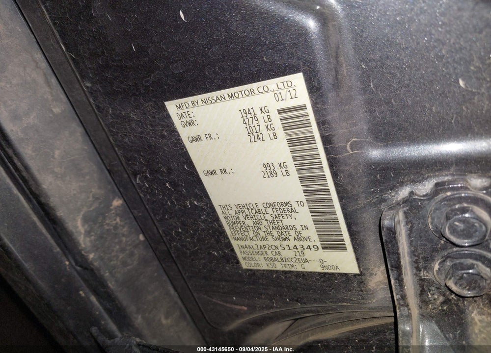 2012 NISSAN ALTIMA VIN: 1N4AL2AP2CN514349