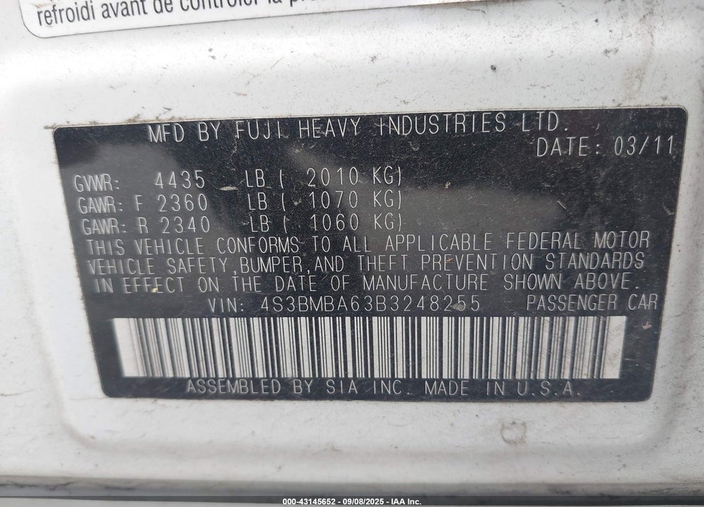 2011 SUBARU LEGACY VIN: 4S3BMBA63B3248255