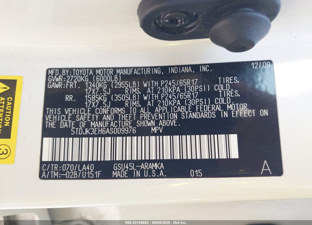 2010 TOYOTA HIGHLANDER VIN: 5TDJK3EH6AS009976