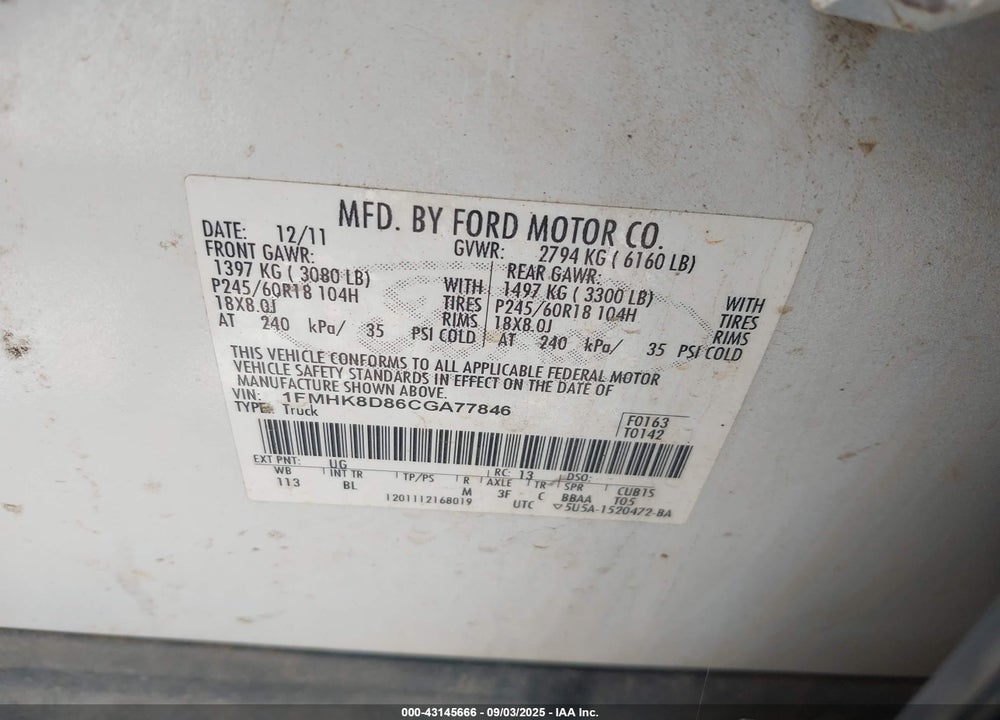 2012 FORD EXPLORER XLT VIN: 1FMHK8D86CGA77846