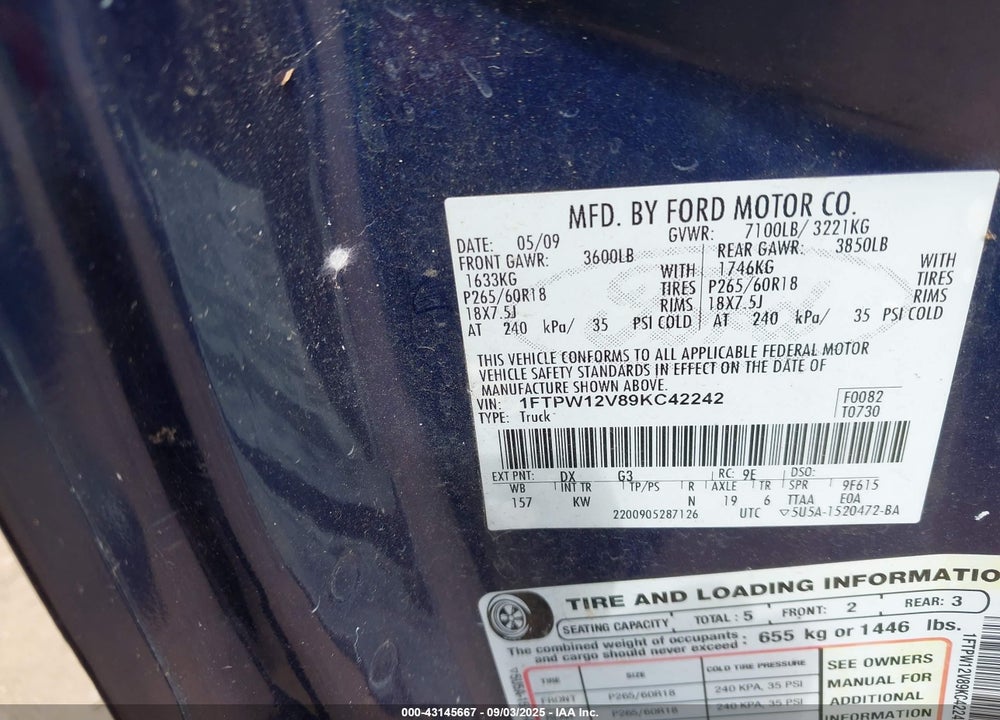 2009 FORD F-150 VIN: 1FTPW12V89KC42242