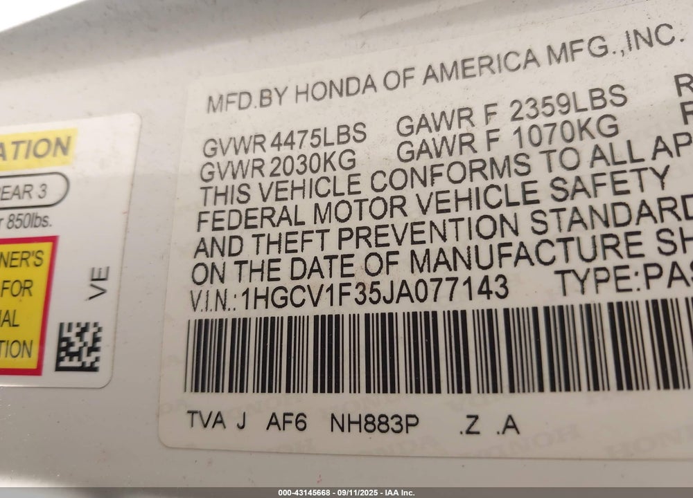 2018 HONDA ACCORD VIN: 1HGCV1F35JA077143
