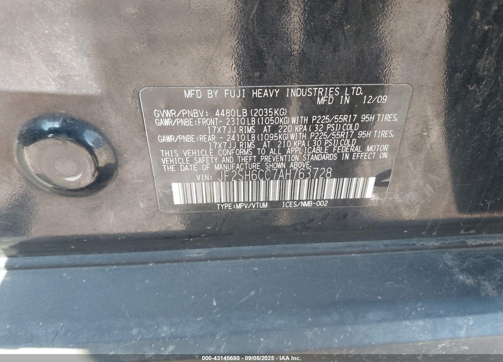 2010 SUBARU FORESTER 2.5X PREMIUM VIN: JF2SH6CC7AH763728