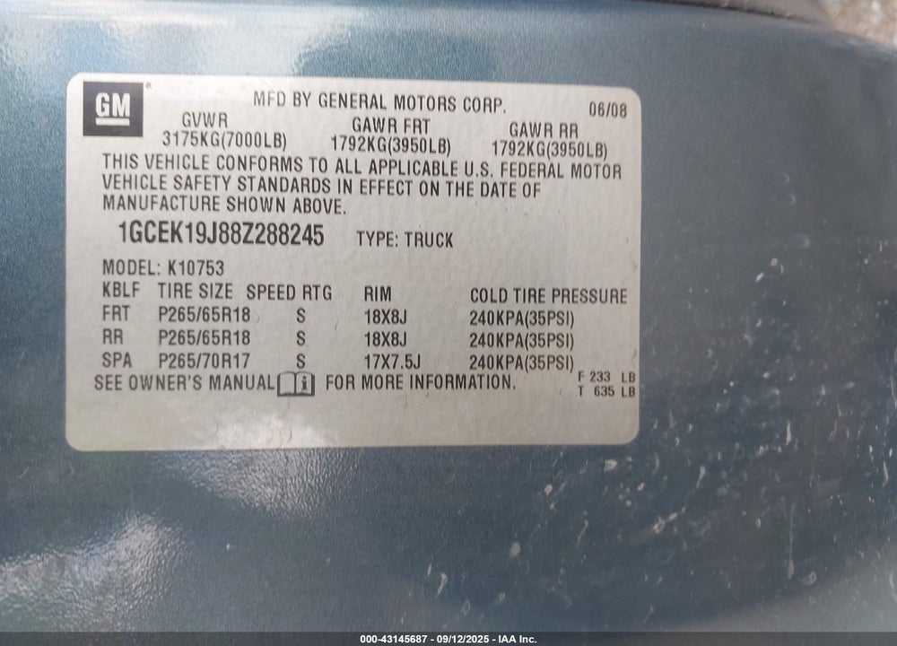 2008 CHEVROLET SILVERADO 1500 VIN: 1GCEK19J88Z288245