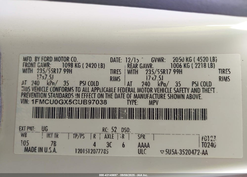 2016 FORD ESCAPE VIN: 1FMCU0GX5GUB97038