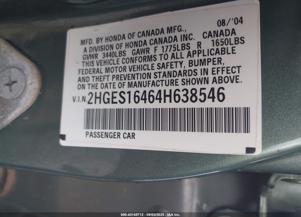 2004 HONDA CIVIC VP VIN: 2HGES16464H638546