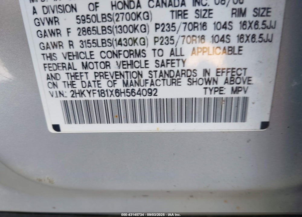 2006 HONDA PILOT VIN: 2HKYF181X6H564092