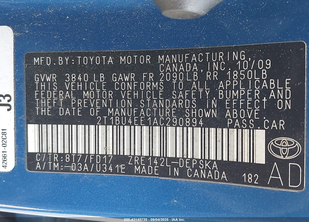 2010 TOYOTA COROLLA S VIN: 2T1BU4EE1AC290894