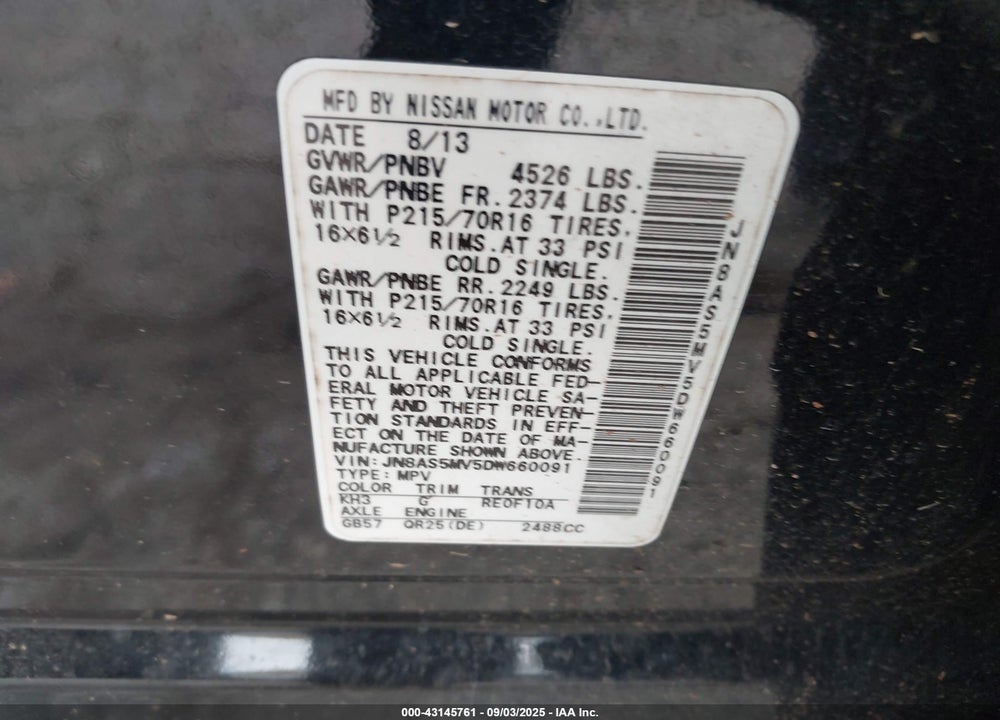 2013 NISSAN ROGUE VIN: JN8AS5MV5DW660091