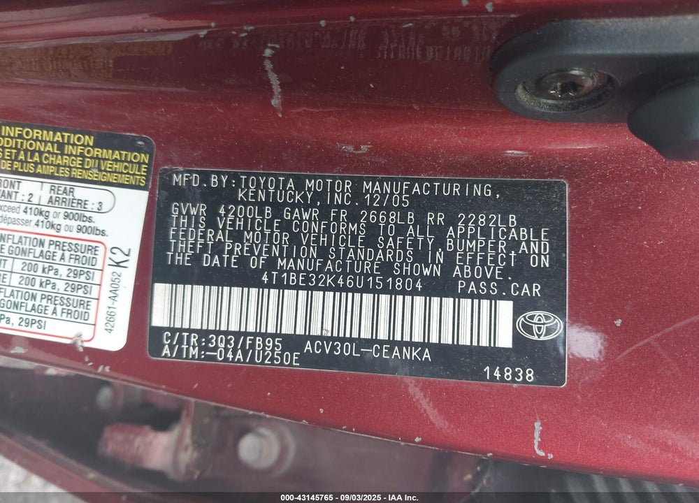 2006 TOYOTA CAMRY LE VIN: 4T1BE32K46U151804