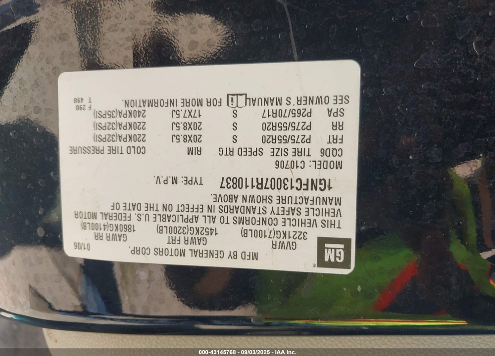 2007 CHEVROLET TAHOE LT VIN: 1GNFC13007R110837