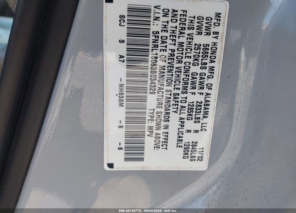2003 HONDA ODYSSEY EX-L VIN: 5FNRL18083B034329