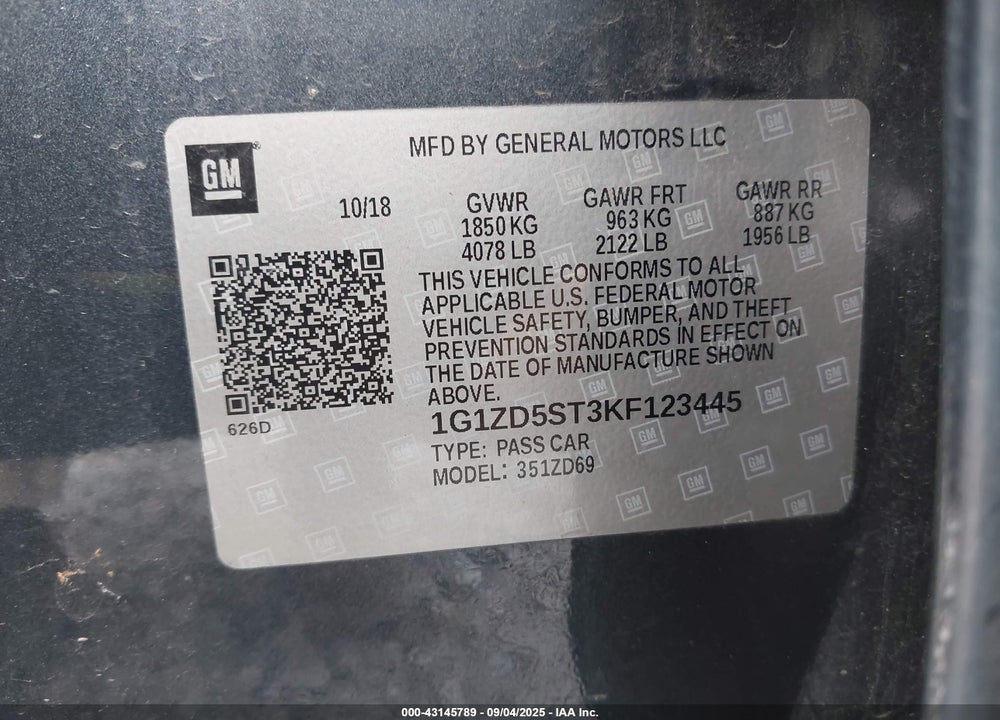 2019 CHEVROLET MALIBU VIN: 1G1ZD5ST3KF123445
