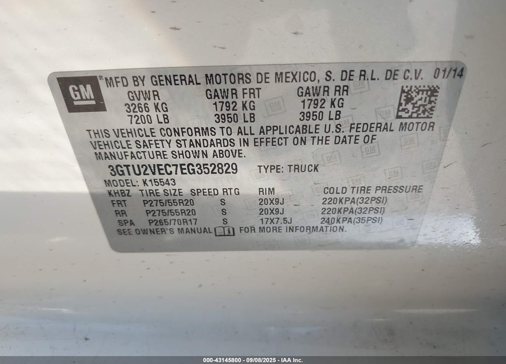2014 GMC SIERRA 1500 VIN: 3GTU2VEC7EG352829