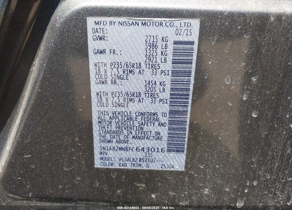 2015 NISSAN PATHFINDER VIN: 5N1AR2MN8FC643016