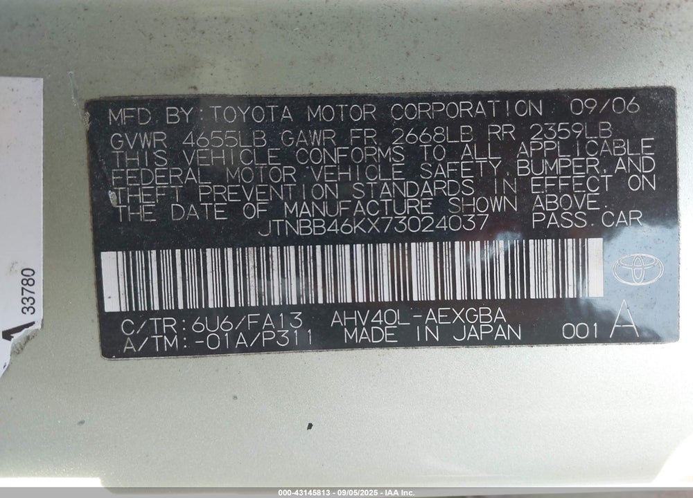 2007 TOYOTA CAMRY HYBRID VIN: JTNBB46KX73024037