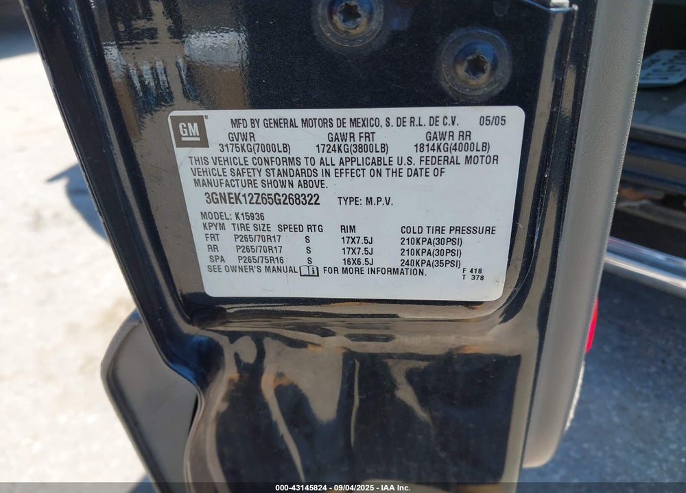 2005 CHEVROLET AVALANCHE 1500 Z71 VIN: 3GNEK12Z65G268322