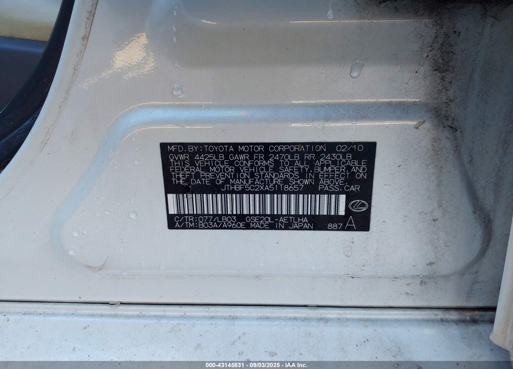 2010 LEXUS IS 250 VIN: JTHBF5C2XA5118657