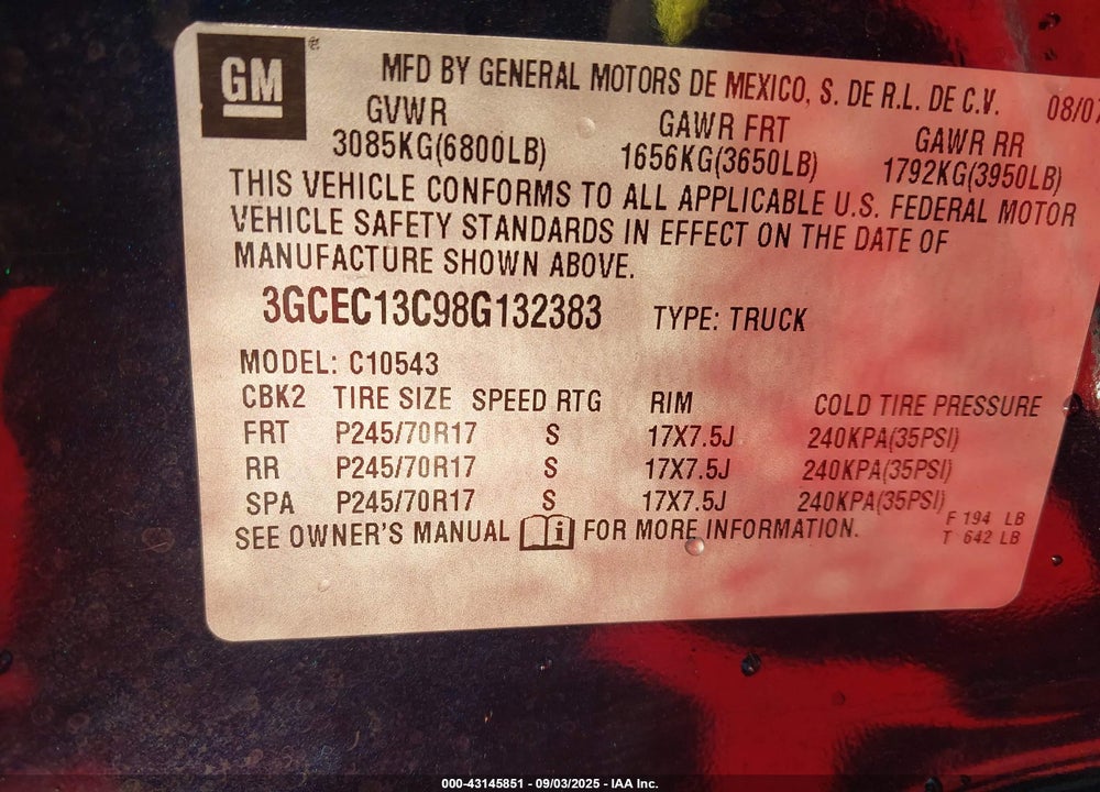 2008 CHEVROLET SILVERADO 1500 LT1 VIN: 3GCEC13C98G132383