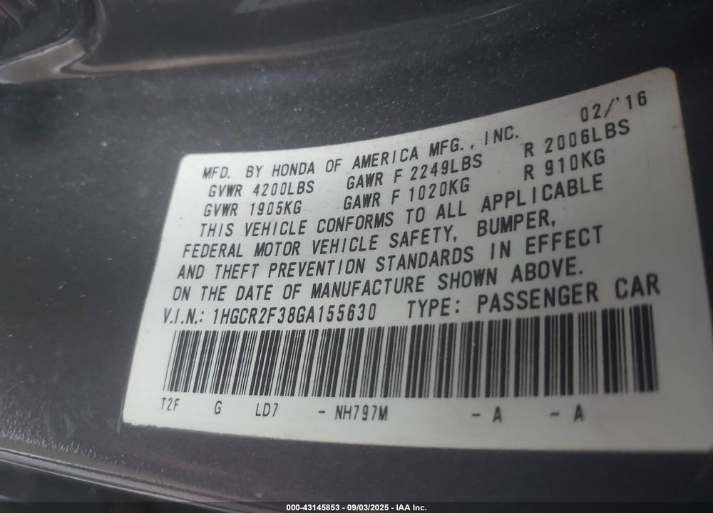 2016 HONDA ACCORD VIN: 1HGCR2F38GA155630