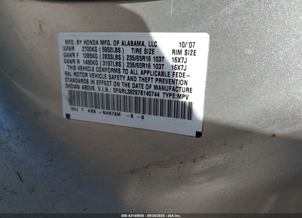2007 HONDA ODYSSEY LX VIN: 5FNRL38297B140744