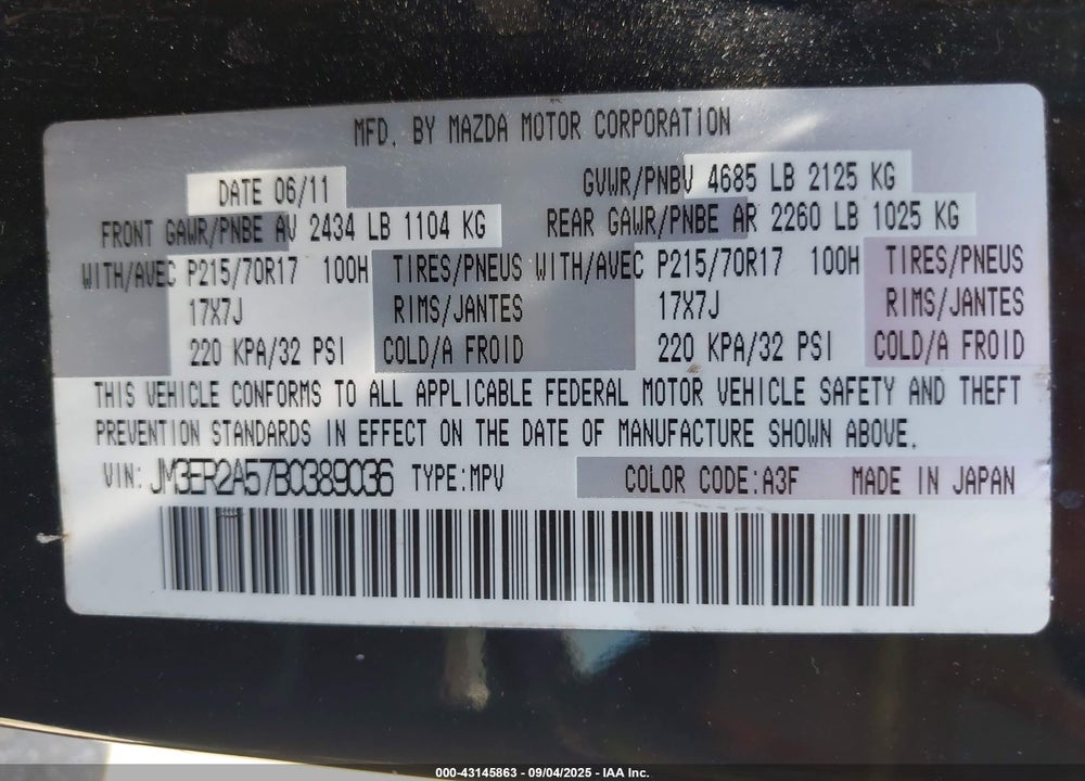 2011 MAZDA CX-7 VIN: JM3ER2A57B0389036