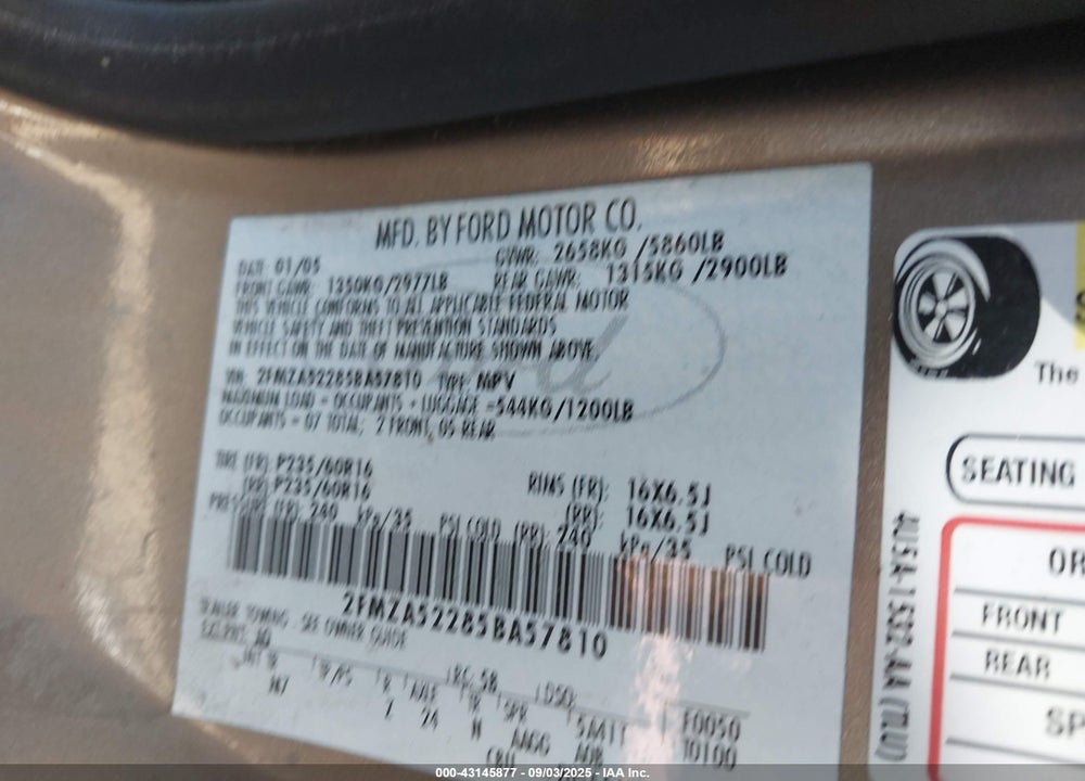 2005 FORD FREESTAR SEL VIN: 2FMZA52285BA57810