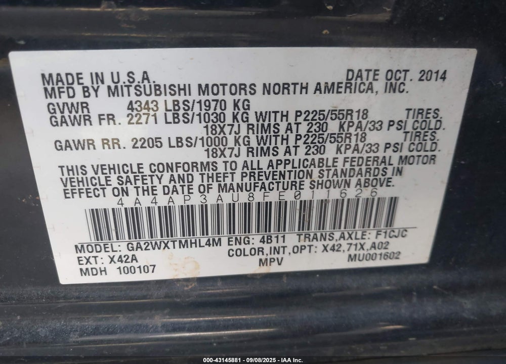 2015 MITSUBISHI OUTLANDER SPORT VIN: 4A4AP3AU8FE011626
