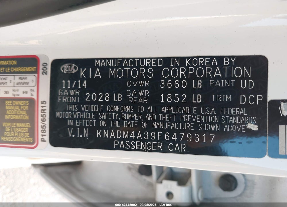 2015 KIA RIO VIN: KNADM4A39F6479317