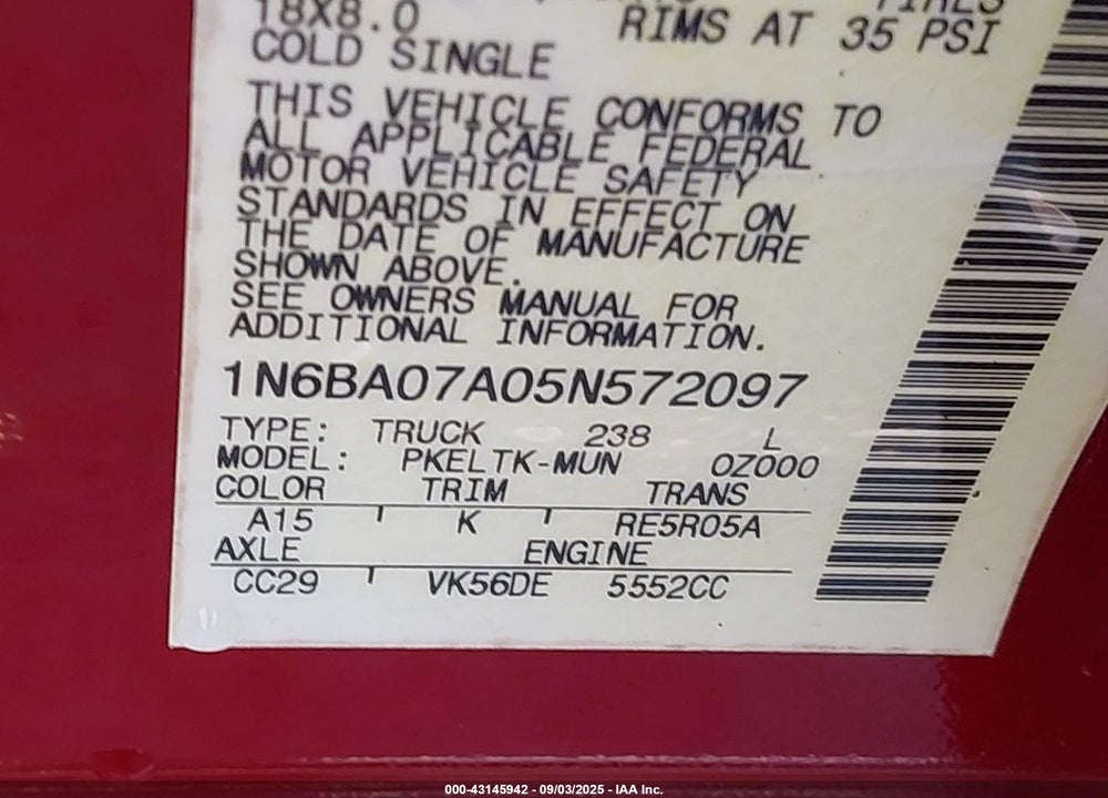 2005 NISSAN TITAN SE VIN: 1N6BA07A05N572097