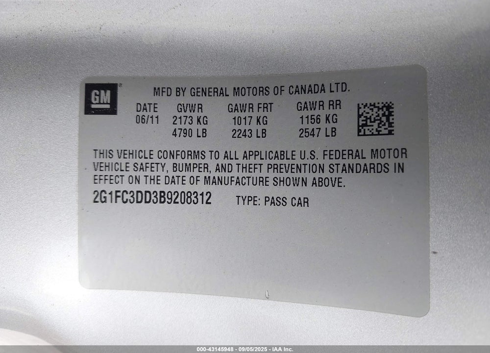 2011 CHEVROLET CAMARO VIN: 2G1FC3DD3B9208312