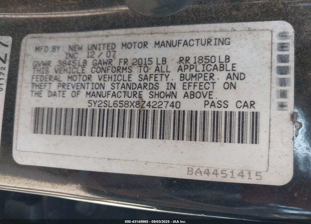 2008 PONTIAC VIBE VIN: 5Y2SL658X8Z422740