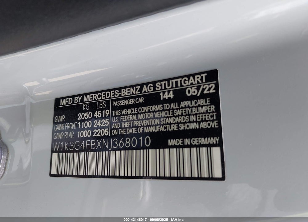 2022 MERCEDES-BENZ A-CLASS VIN: W1K3G4FBXNJ368010