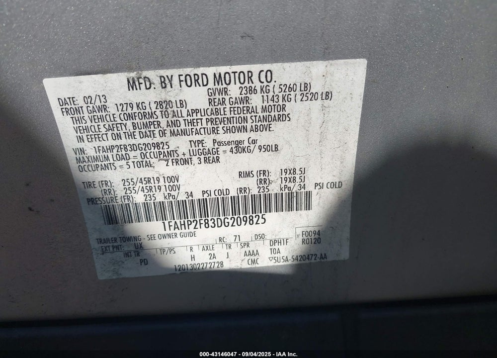 2013 FORD TAURUS VIN: 1FAHP2F83DG209825
