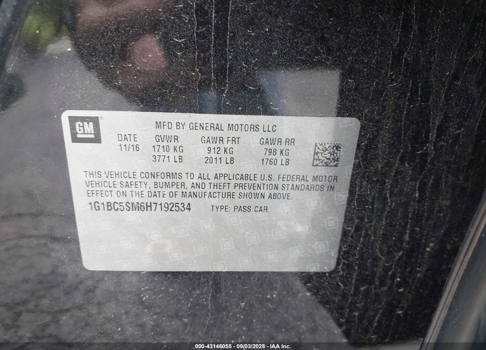 2017 CHEVROLET CRUZE VIN: 1G1BC5SM6H7192534