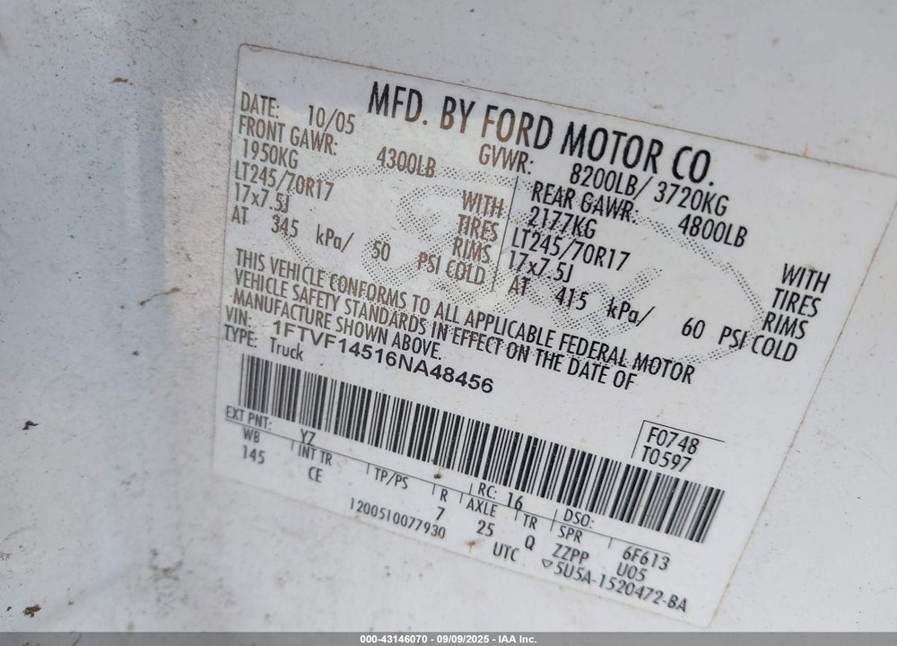 2006 FORD F-150 FX4/XL/XLT VIN: 1FTVF14516NA48456