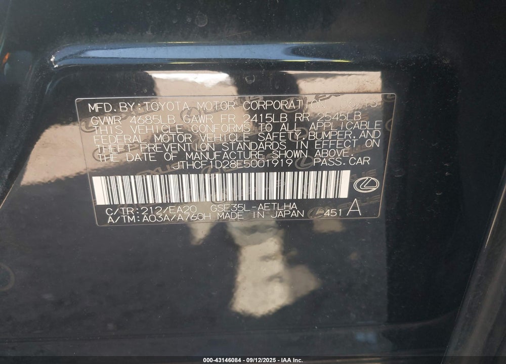 2014 LEXUS IS 250 VIN: JTHCF1D28E5001919