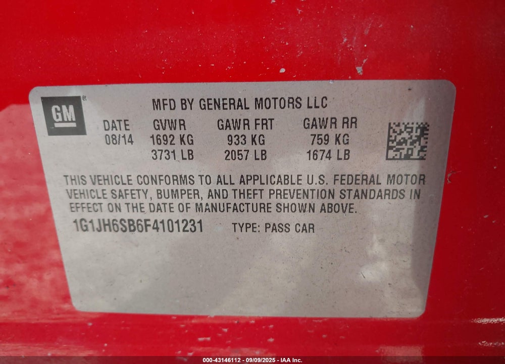 2015 CHEVROLET SONIC VIN: 1G1JH6SB6F4101231
